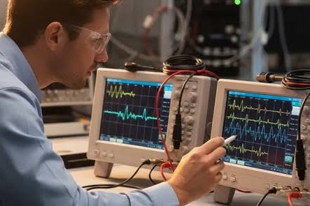 Engineer probing a board while measuring waveforms on two oscilloscopes
